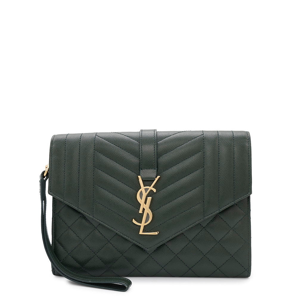 SAINT LAURENT PARIS Monogram Envelope Clutch Bag Green651030 Leather