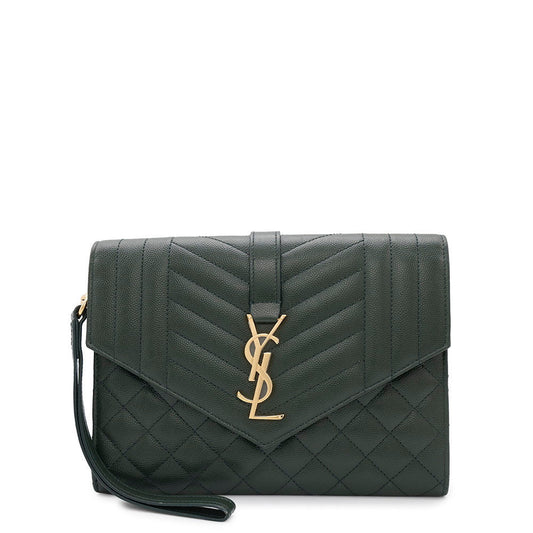 SAINT LAURENT PARIS Monogram Envelope Clutch Bag Green651030 Leather