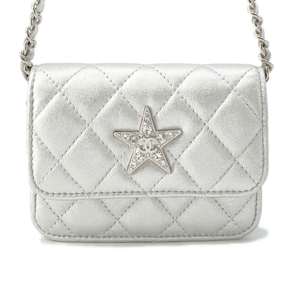CHANEL Matelasse Star Motif ChainCard Case Silver Lambskin