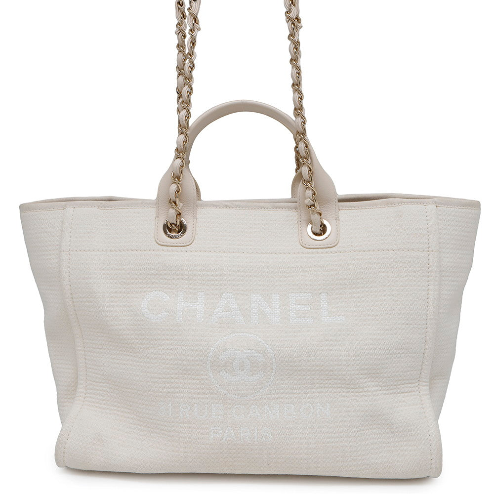 CHANEL Deauville 2WAY ChainTote Bag IvoryA66941 Canvas Leather Size GM