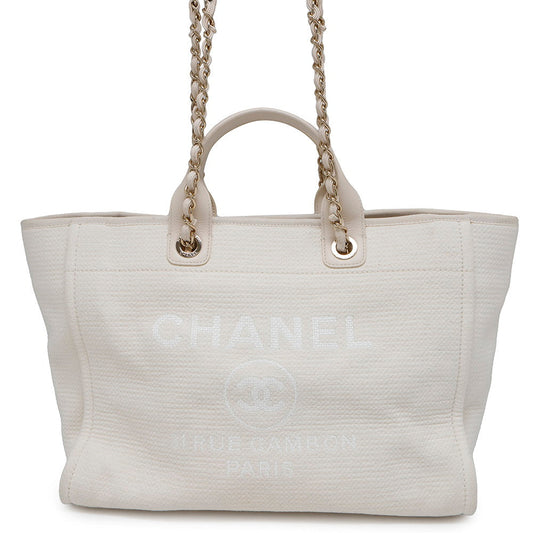 CHANEL Deauville 2WAY ChainTote Bag IvoryA66941 Canvas Leather Size GM