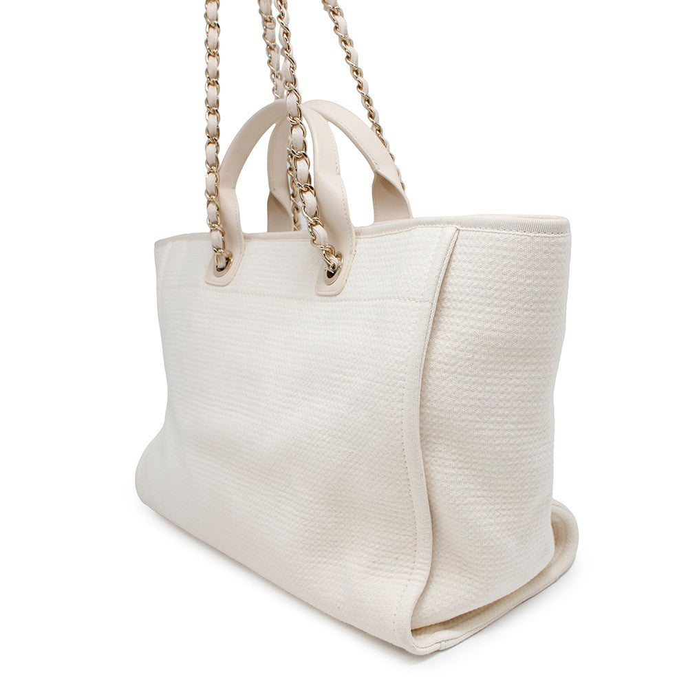 CHANEL Deauville 2WAY ChainTote Bag IvoryA66941 Canvas Leather Size GM