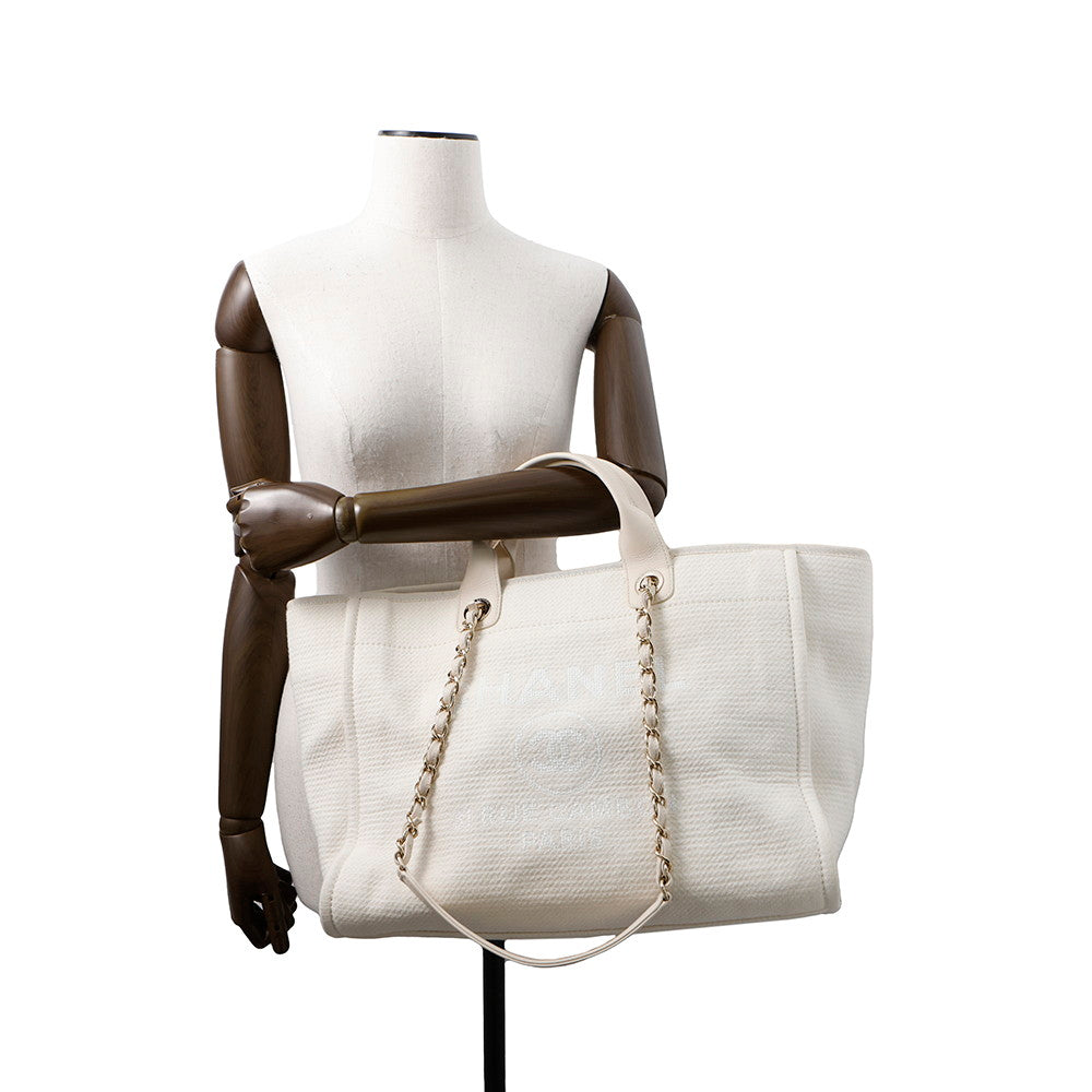 CHANEL Deauville 2WAY ChainTote Bag IvoryA66941 Canvas Leather Size GM