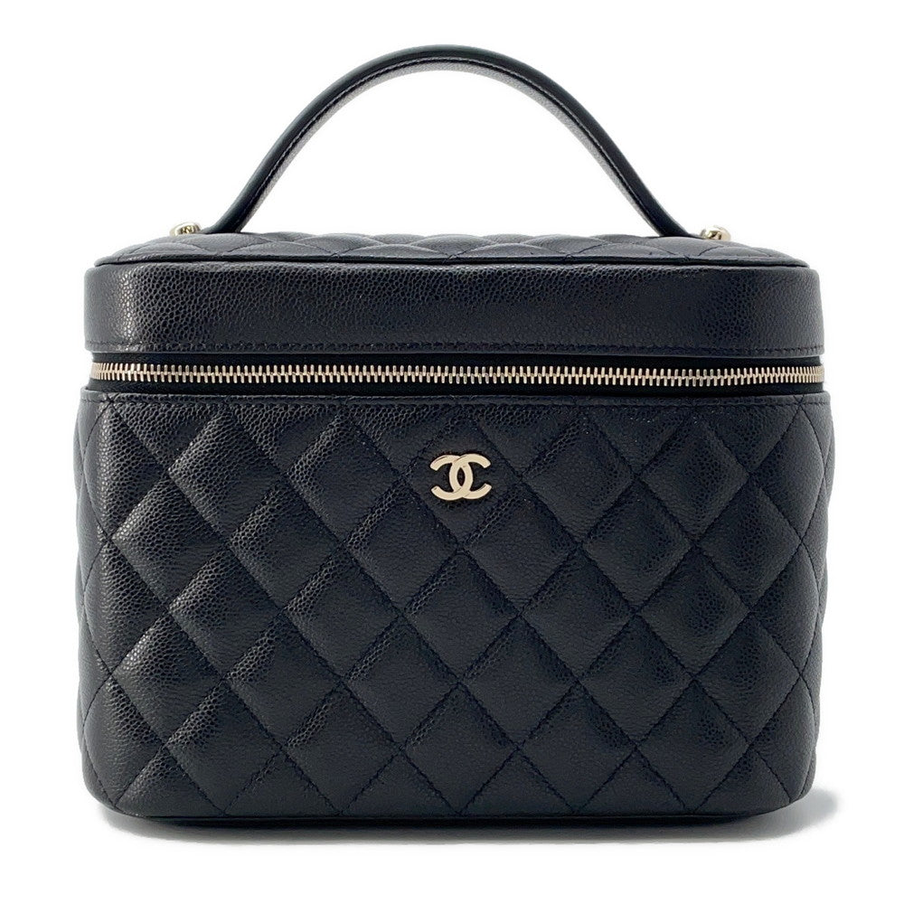 CHANEL Top Handle Matelasse CC Logo Vanity Bag BlackAP2573 Caviar Leather