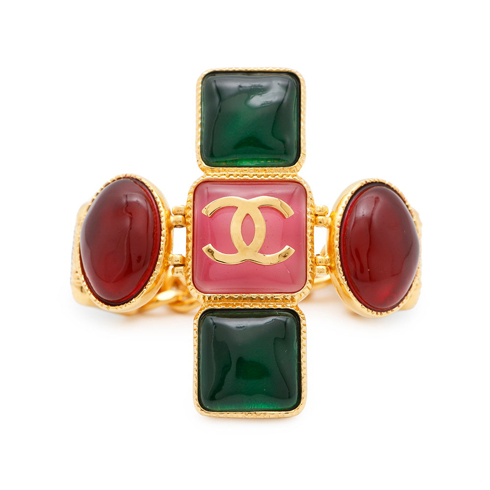 CHANEL CC Logo Gripore Bracelet Green/Burgundy/Pink Metal Resin