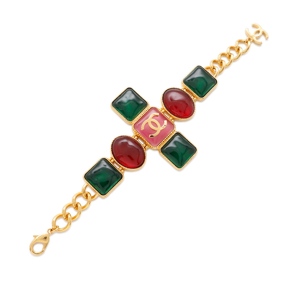 CHANEL CC Logo Gripore Bracelet Green/Burgundy/Pink Metal Resin