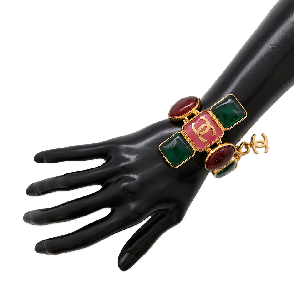 CHANEL CC Logo Gripore Bracelet Green/Burgundy/Pink Metal Resin