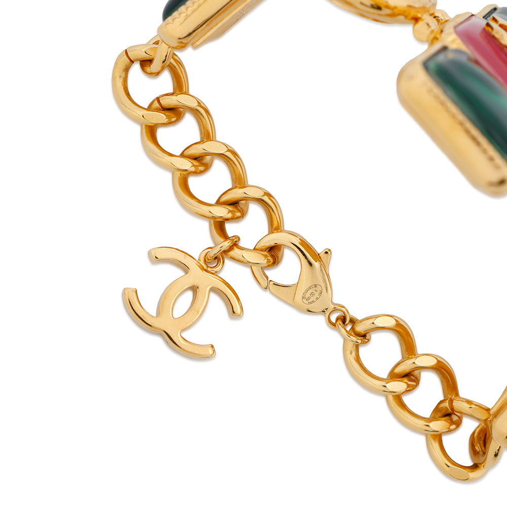 CHANEL CC Logo Gripore Bracelet Green/Burgundy/Pink Metal Resin