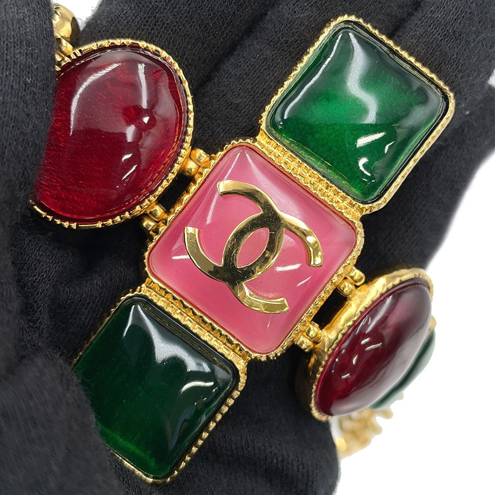 CHANEL CC Logo Gripore Bracelet Green/Burgundy/Pink Metal Resin