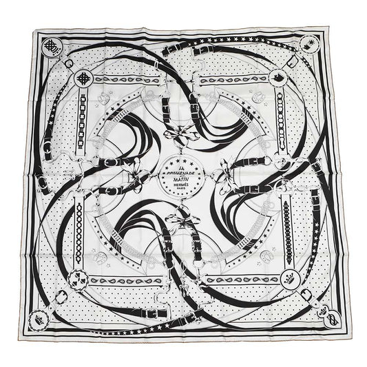 HERMES Giant Square Double Face Morning Walk Bandana Size 140 Black/White/Cuir Silk100%