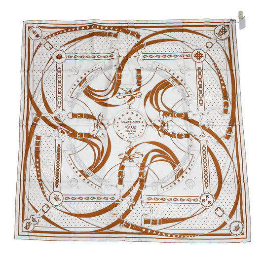HERMES CAREDOUBLE FACE Morning Walk - Bandana Size 140 White/Black/Cuir Silk100%