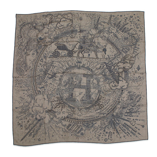HERMES Kare H 100 Please Hold the Line Size 100 Etoupe/Blue Turquin/Marron Cashmere70% Silk30%