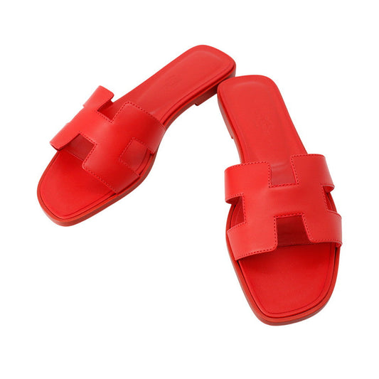 HERMES Sandals "Oran" Red Leather Size 37 1/2