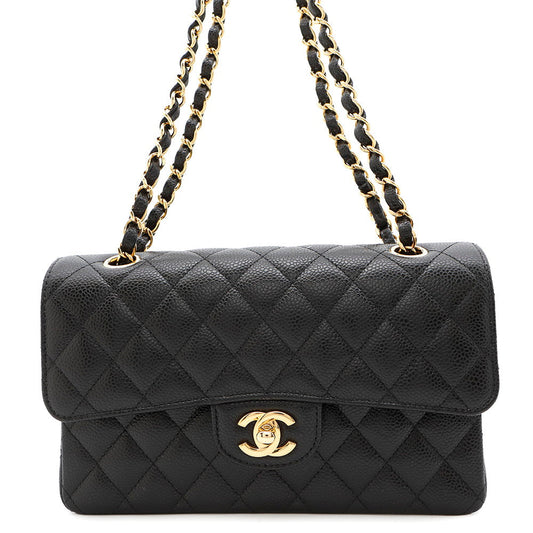 CHANEL Matelasse W Flap ChainShoulder Bag BlackA01113 Caviar Leather Size 23