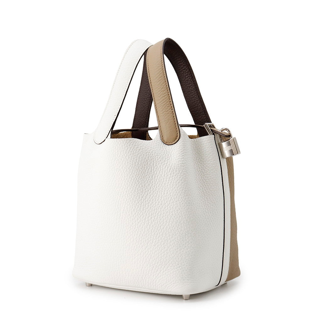 HERMES Picotin Lock Casaque2 Beige Marfa/New White/Macassar Taurillon Clemence Swift Leather Size PM