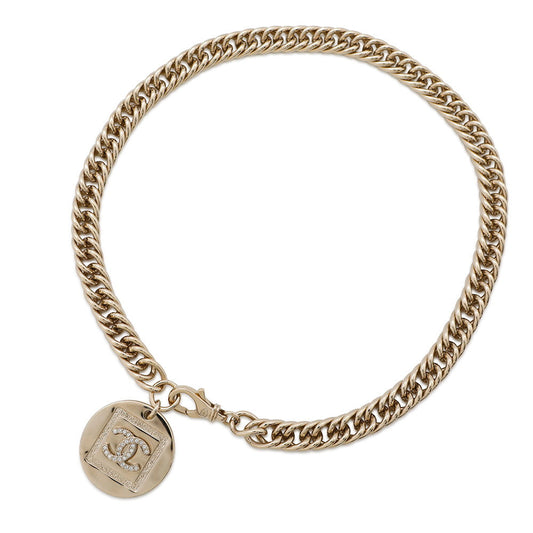 CHANEL Choker Necklace CC Logo Round Plate Gold Metal Rhinestone