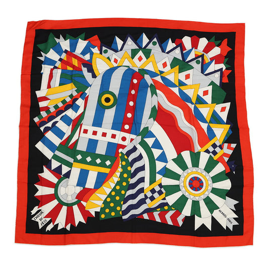 HERMES Giant Square Cheval de Fete Size 140 Vermillon/Black/Multicolor Cashmere70% Silk30%