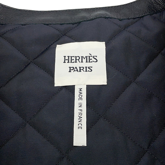 HERMES Serie Button Sleeveless Vest Size 42 Black Goatskin Leather