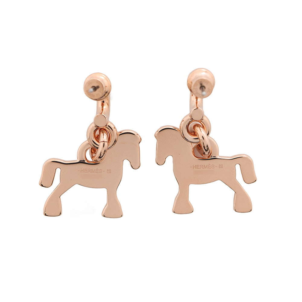 HERMES Cheval Grand Palade Earrings Pink Gold Metal Lacquer