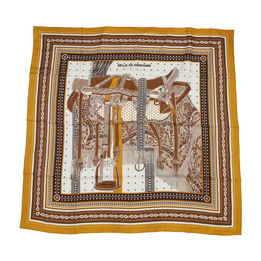 HERMES Giant Square Dignitary's Saddle SELLE DE DIGNITAIRE Size 140 Curry/Camel/Blanc Cashmere70% Silk30%