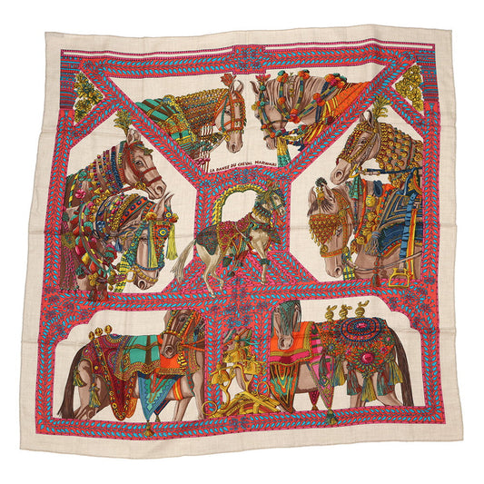 HERMES Giant Square LA DANSE DU CHEVAL MARWARI Marwari Horse Dance Size 140 Beige/Multicolor Cashmere65% Silk35%