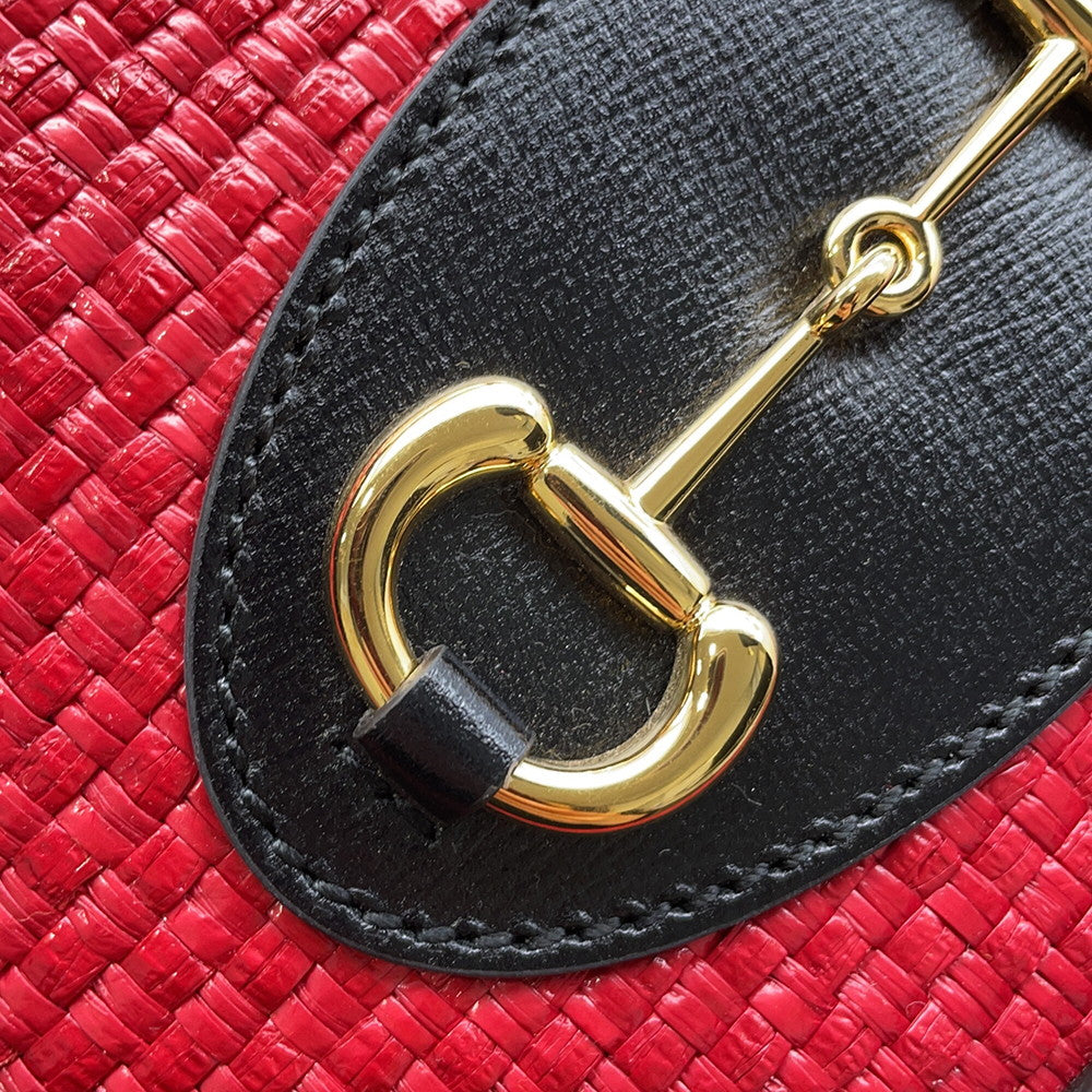 GUCCI Horsebit 1955 Top Handle Bag Red640716 Leather Straw Size Mini