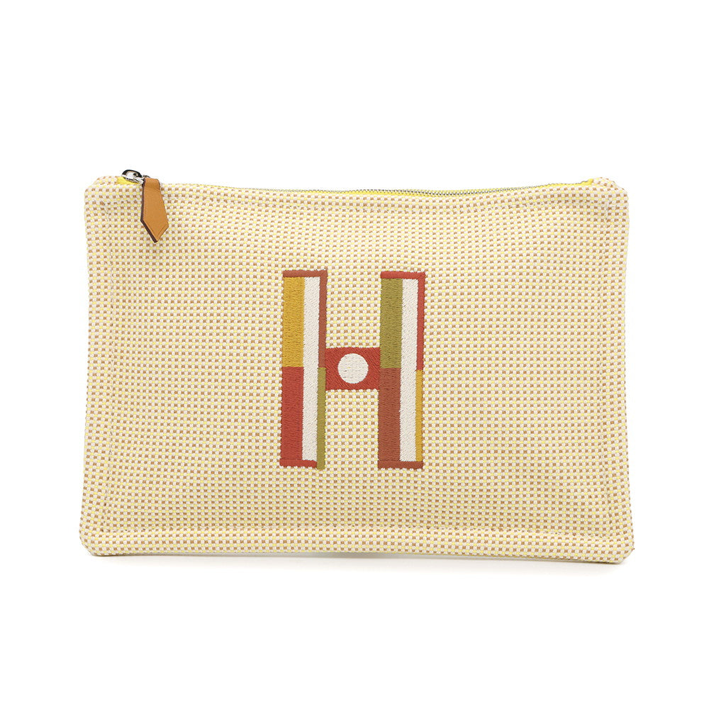 HERMES Flat pouch with embroidery "Fauve Le Corner" Citron/Ochre Toile Chevrons Size PM