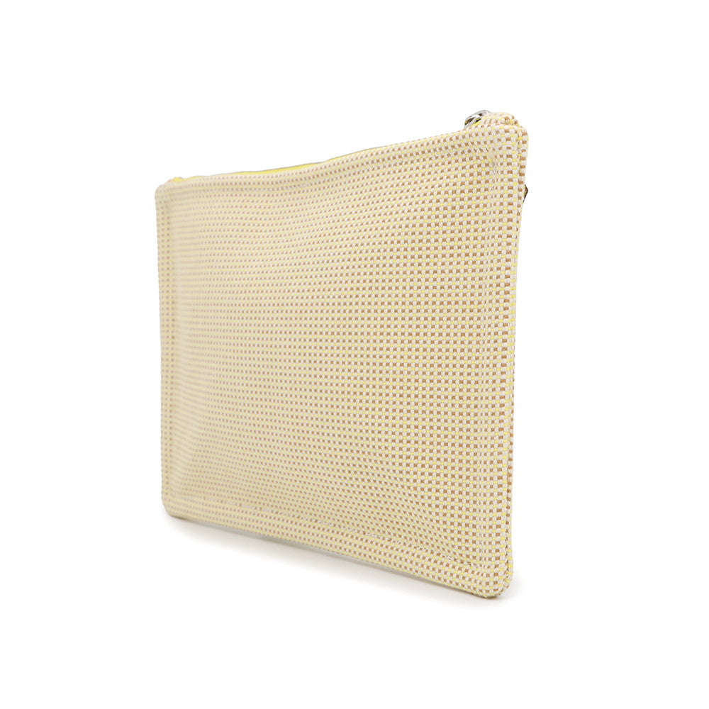 HERMES Flat pouch with embroidery "Fauve Le Corner" Citron/Ochre Toile Chevrons Size PM