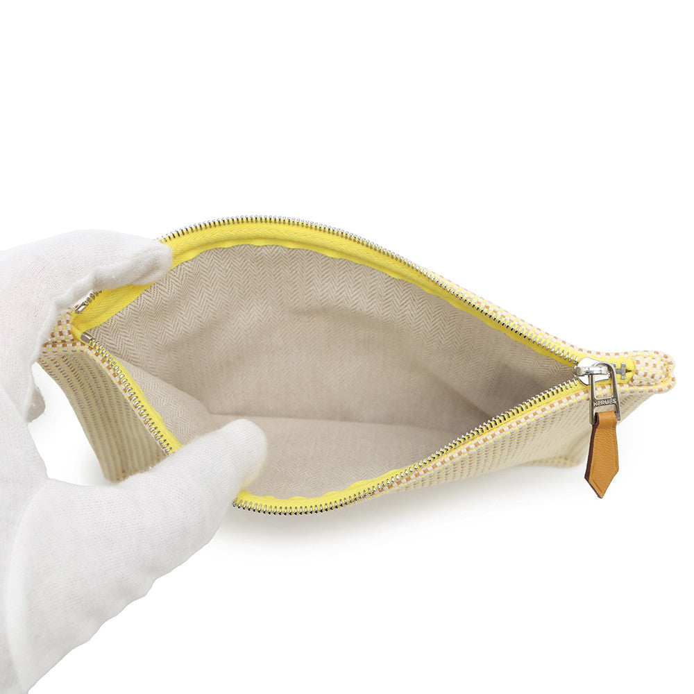 HERMES Flat pouch with embroidery "Fauve Le Corner" Citron/Ochre Toile Chevrons Size PM
