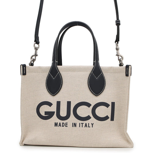 GUCCI Logo Print Medium Tote Bag Beige/Navy772144 CanvasxLeather