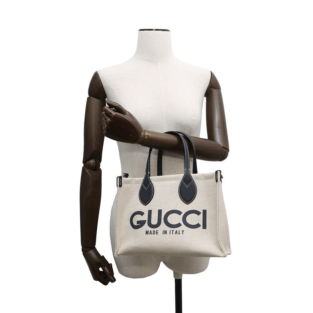 GUCCI Logo Print Medium Tote Bag Beige/Navy772144 CanvasxLeather