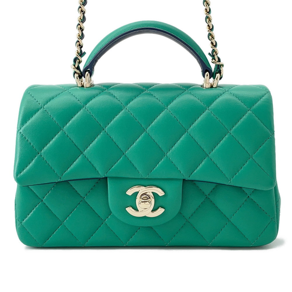 CHANEL Top Handle Mini Flap Bag Green/NavyAS2431 Lambskin Size 20