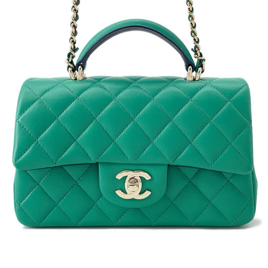CHANEL Top Handle Mini Flap Bag Green/NavyAS2431 Lambskin Size 20