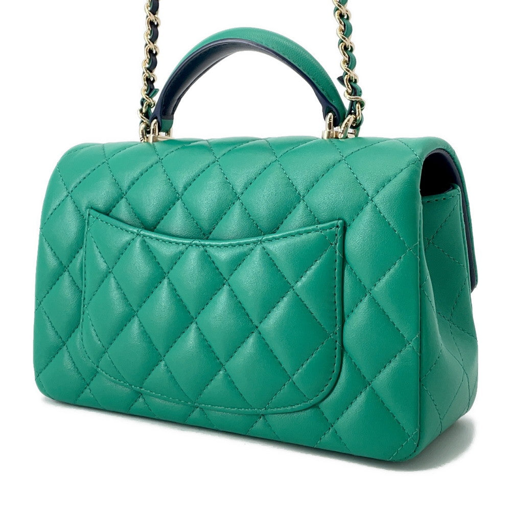 CHANEL Top Handle Mini Flap Bag Green/NavyAS2431 Lambskin Size 20