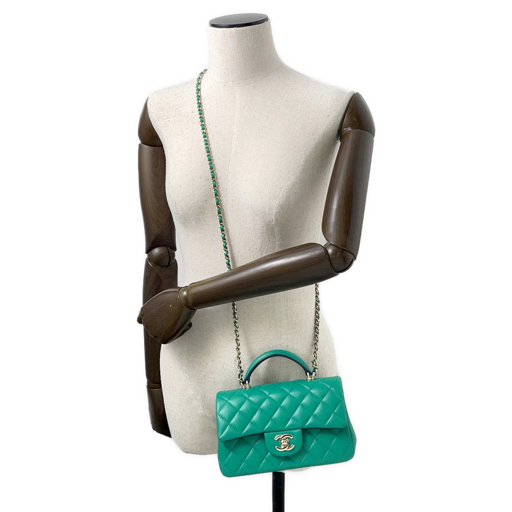CHANEL Top Handle Mini Flap Bag Green/NavyAS2431 Lambskin Size 20