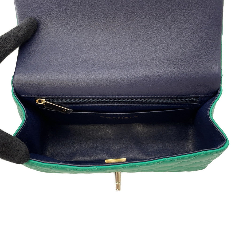 CHANEL Top Handle Mini Flap Bag Green/NavyAS2431 Lambskin Size 20
