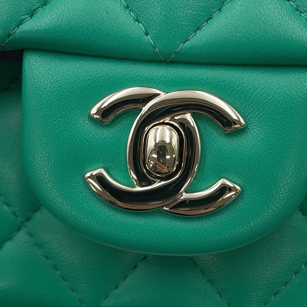 CHANEL Top Handle Mini Flap Bag Green/NavyAS2431 Lambskin Size 20