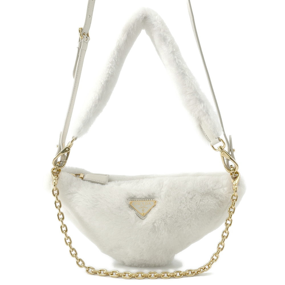 PRADA Triangle 2WAY Shoulder Bag White1BC543 Fur Leather