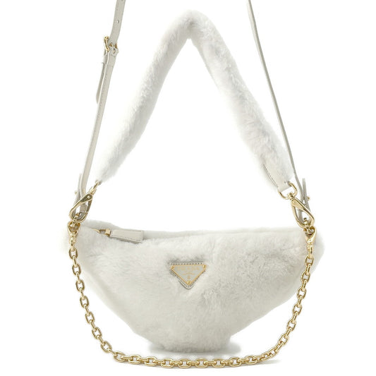 PRADA Triangle 2WAY Shoulder Bag White1BC543 Fur Leather