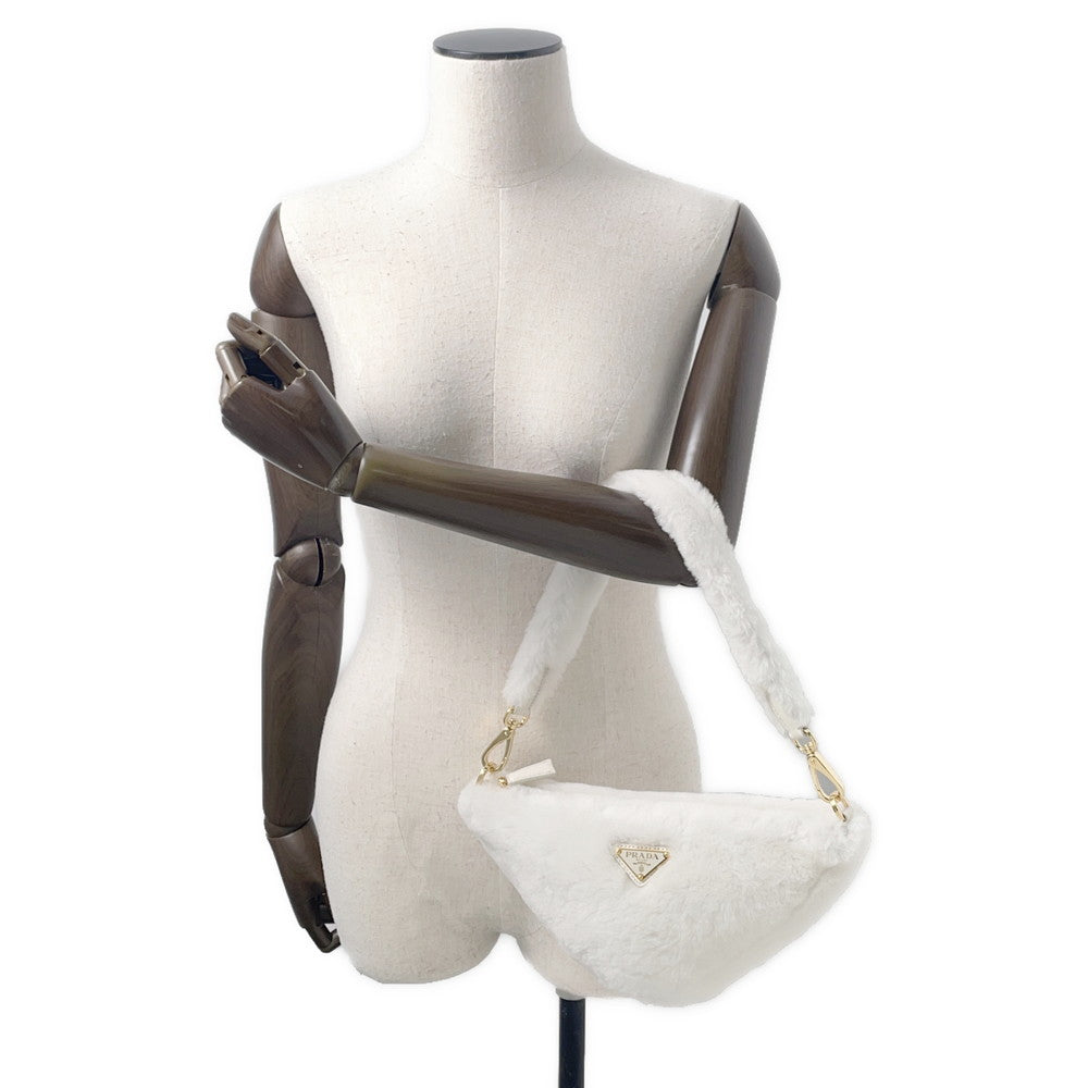 PRADA Triangle 2WAY Shoulder Bag White1BC543 Fur Leather