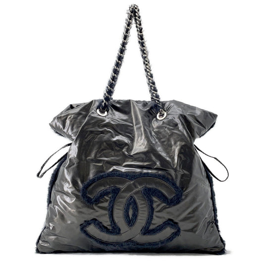 CHANEL CC Logo ChainTote Bag Black Nylon Fur