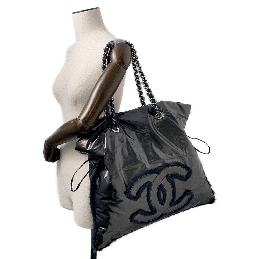 CHANEL CC Logo ChainTote Bag Black Nylon Fur