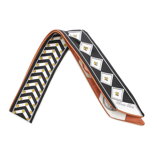 HERMES Twilly "Collier & Chien" 25 Spring/Summer Collection Black/White/Caramel Silk Leather