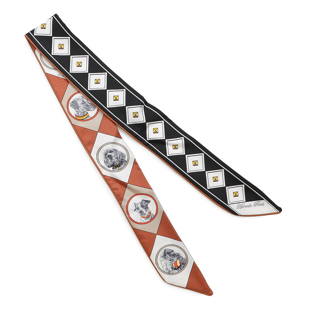 HERMES Twilly "Collier & Chien" 25 Spring/Summer Collection Black/White/Caramel Silk Leather