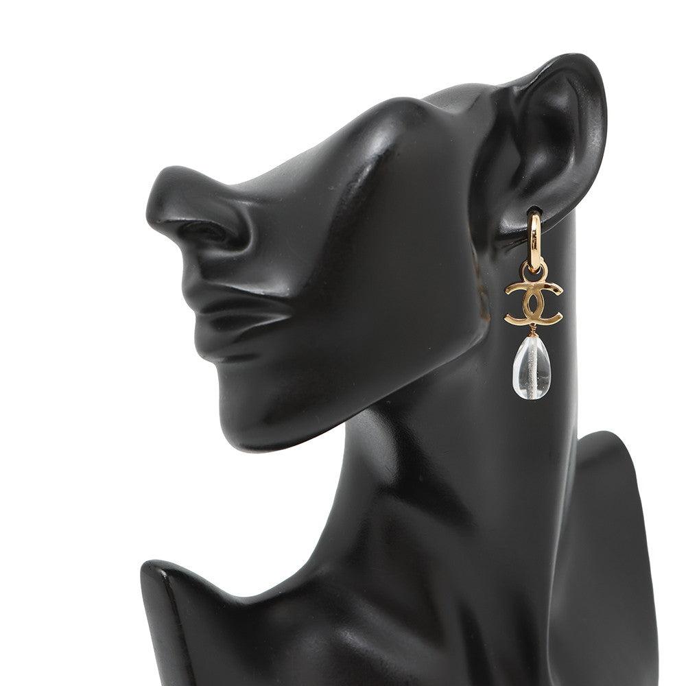 CHANEL CC Logo Hoop Drop Motif Earrings Metal Resin