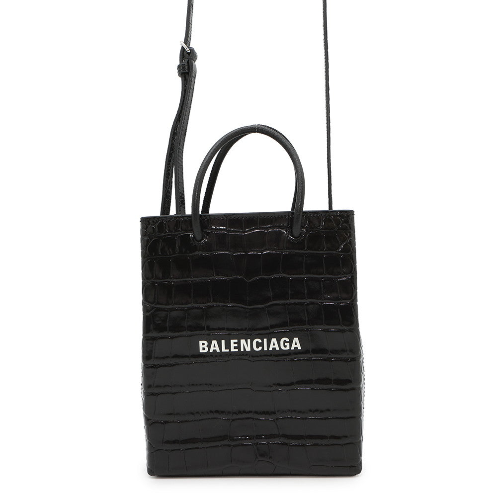 BALENCIAGA 2WAY Crocodile Embossed Shopping Tote Black757776 Embossed Leather Size XXS