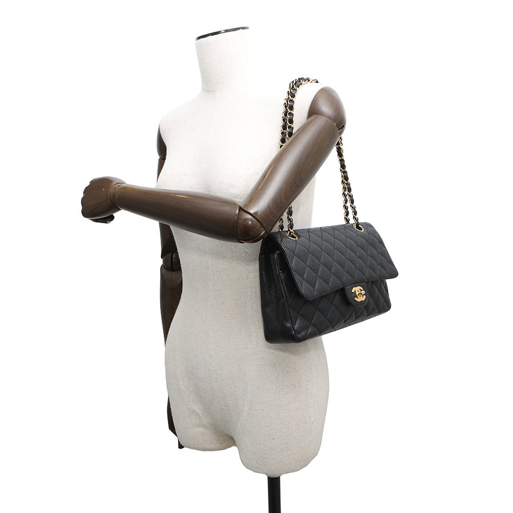 CHANEL Matelasse Double Flap ChainShoulder Bag BlackA01112 Caviar Leather Size 25