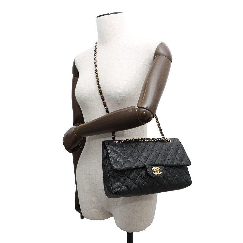 CHANEL Matelasse Double Flap ChainShoulder Bag BlackA01112 Caviar Leather Size 25