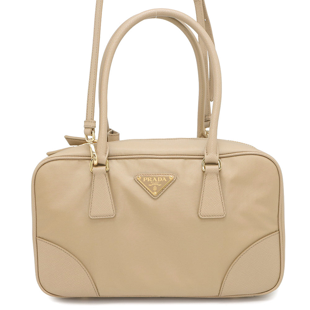 PRADA Re-Edition 1978 Double Handle Bag Beige1BB115 Nylon Leather Size Medium