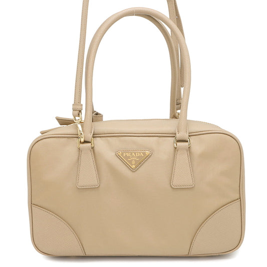 PRADA Re-Edition 1978 Double Handle Bag Beige1BB115 Nylon Leather Size Medium